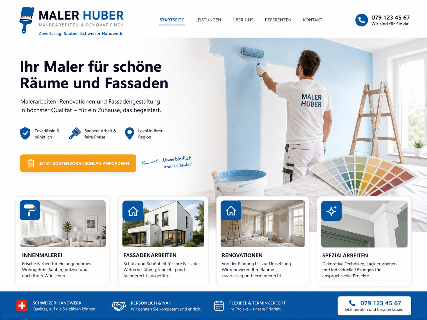 Webseitenvorschau eines Malerbetriebs mit Farbroller, Leistungen und Kontaktbereich